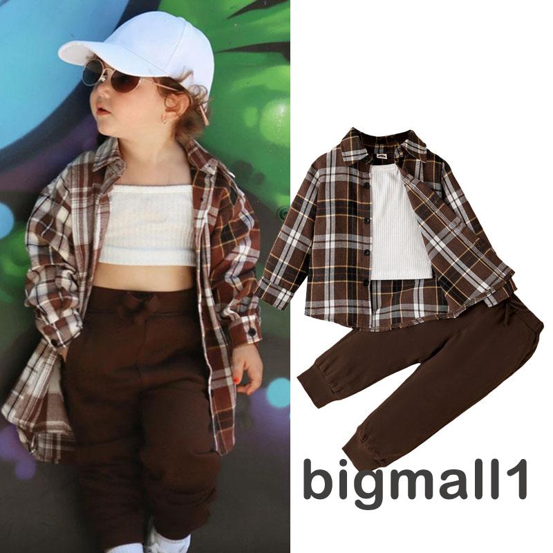 Set Đồ 3 Món Áo Sơ Mi Tay Dài Cổ Bẻ Kẻ Ô Vuông + Quần Dài Lưng Thun Màu Trơn Cho Bé Gái 1-6 Tuổi