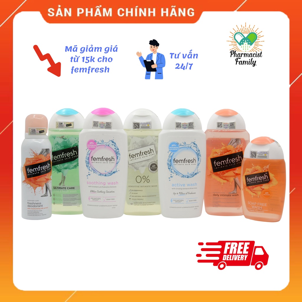 [Chính hãng] [UK] Dung dịch vệ sinh phụ nữ Femfresh nhiều màu -  250ml - Xịt thơm vùng kín -  125ml
