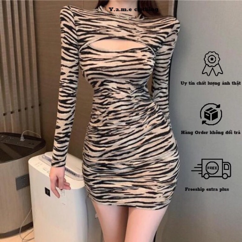 Váy body sexy tay dài khoét ngực hoạ tiết báo vằn dáng ngắn hàng quảng châu chất polyester chuẩn form dáng yame clothing