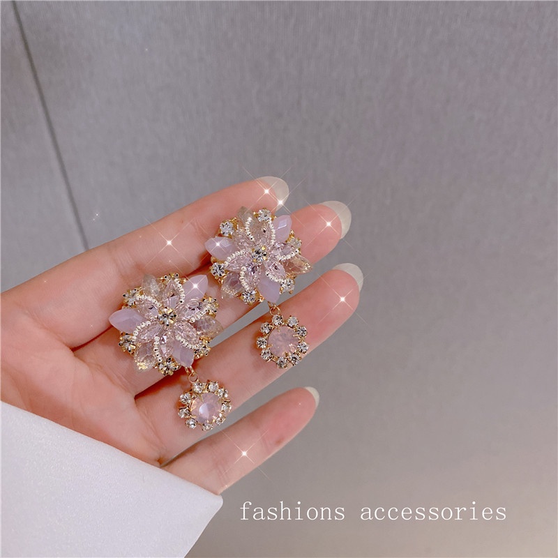 Bông Tai Hình Hoa Đính Đá Pha Lê Phong Cách Hàn Quốc Tinh Tế Thời Trang