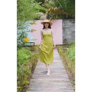 Đầm linen hai dây màu vàng cốm/ Đầm midi linen/ Linen midi dress/ The little Heidi