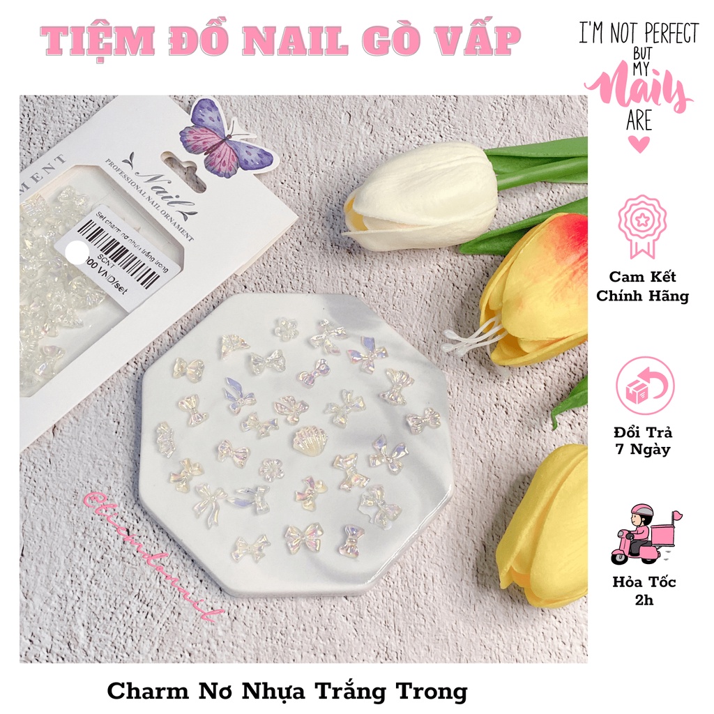 Set charm nơ nhựa trắng trong đính móng