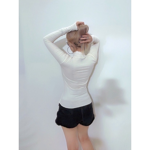 Áo cổ lọ tay dài xoăn lai thun bo gân, 2 màu