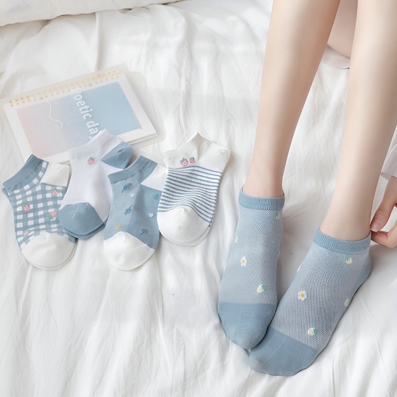 Set 5 đôi tất dâu xanh nữ,  vớ trắng xanh cotton thấm hút tốt