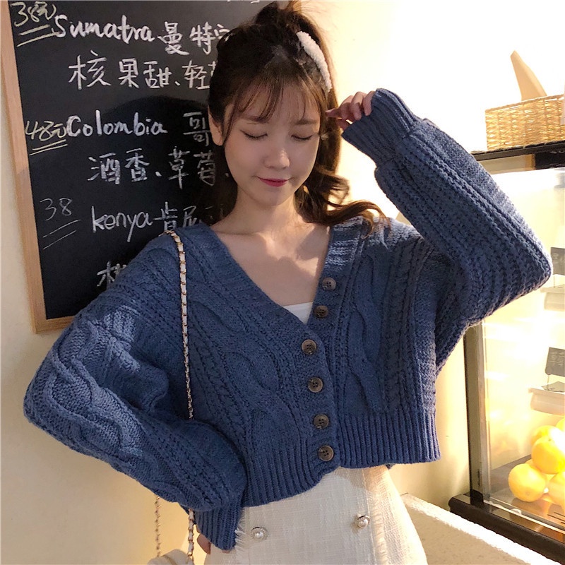 Áo Khoác Cardigan Dệt Kim Tay Dài Dáng Ngắn Cổ Chữ V Thời Trang Thu Đông Phong Cách Nhật Bản