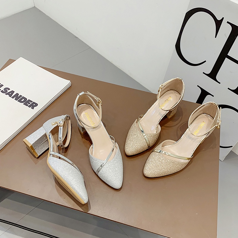 2022 giày cao gót nữ đế vuông giày cao gót nữ mũi nhọn giày cao gót mũi vuông giày cao gót 5 phân Giày Cao Gót Đế Dày Vừa Đính Kim Tuyến Lấp Lánh Thời Trang Xuân Thu Mới