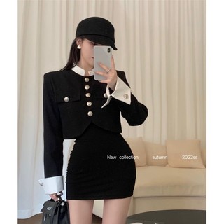 Áo blazer dáng ngắn tay dài màu đen phong cách hàn quốc