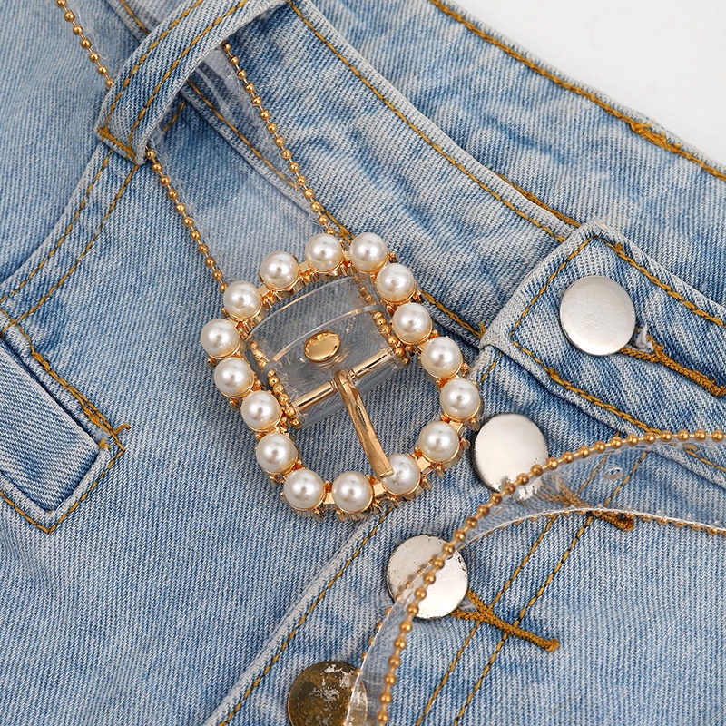 Thắt Lưng Nhựa PVC Trong Suốt Khóa Hợp Kim Đính Hạt Ngọc Trai Màu Vàng / Bạc Thời Trang Cho Nữ