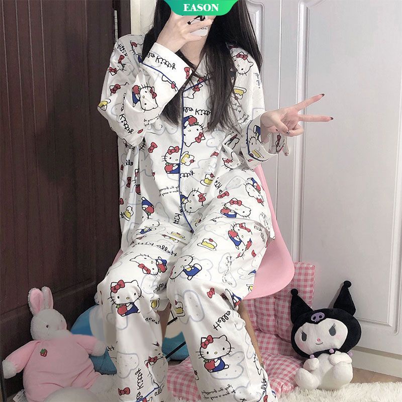 Bộ Đồ Ngủ Tay Dài Dáng Rộng In Hoạt Hình Sanrio Hello Kitty Phong Cách Nhật Bản Dễ Thương Thời Trang Cho Nữ