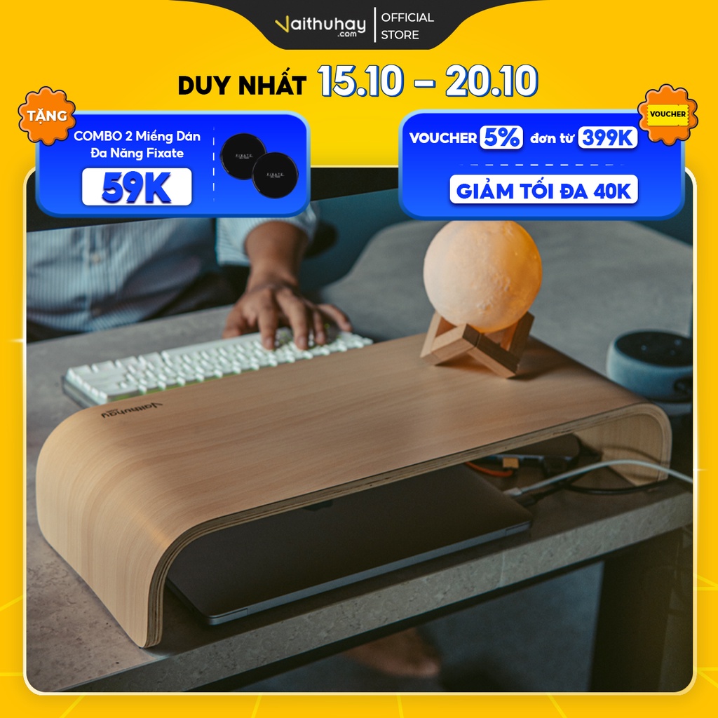(4 màu sắc gỗ cao cấp) Kệ Nâng Màn Hình Máy Tính Monitor Stand Chất Gỗ Plywood Uốn Cong 49cm - Vaithuhay
