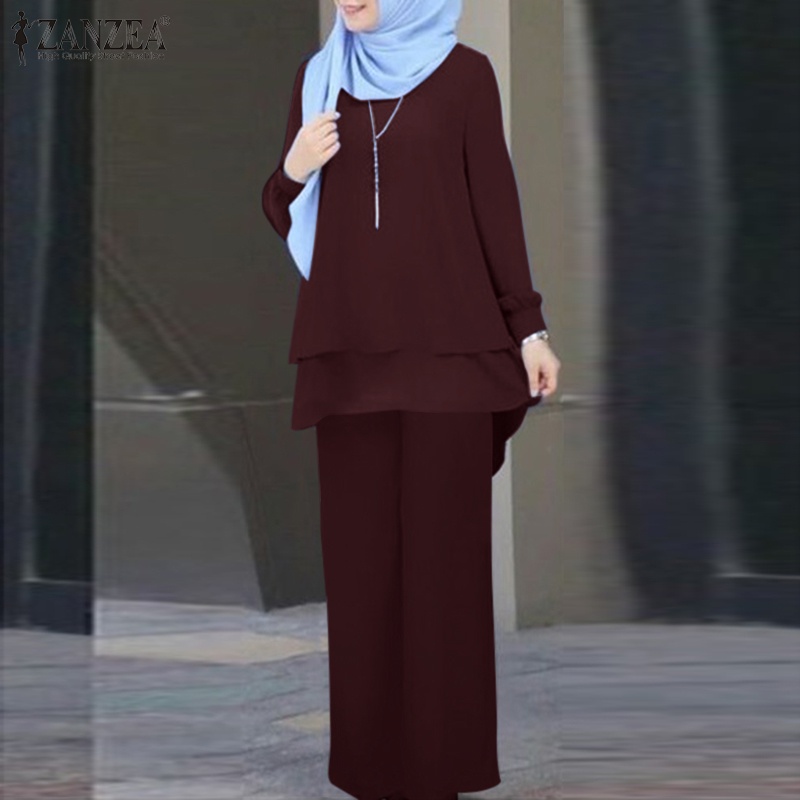 Zanzea Set Áo Thun Dài Tay Cổ Tròn + Quần ống rộng Thời Trang Nữ