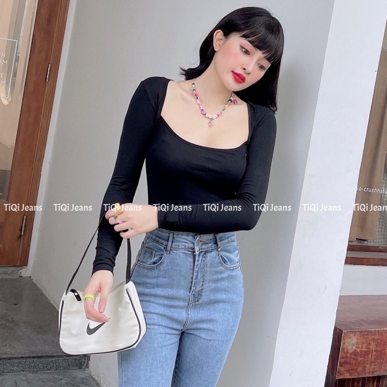 Áo croptop nữ tay dài vải lụa cotton cổ vuông nhiều màu TiQi Jeans A154