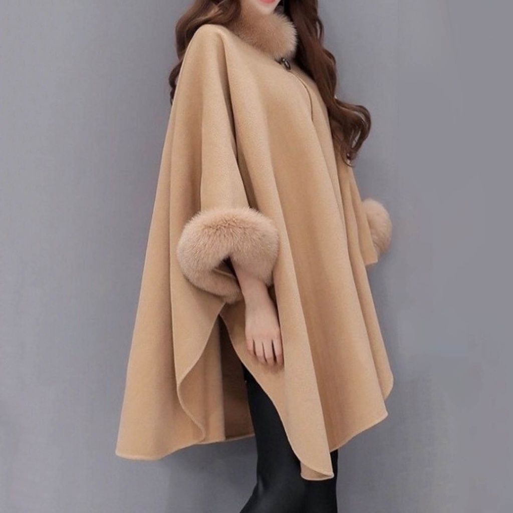 Áo Choàng Poncho Giả Lông Thú Màu Sắc Trơn Giữ Ấm Mùa Thu Đông Cho Nữ
