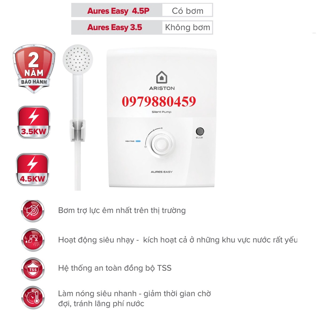 Máy nước nóng trực tiếp không bơm ARISTON Aures Easy 3.5 3500W, bảo hành 2 năm