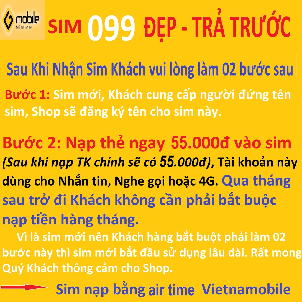 Sim đẹp 099 trả trước,CHỌN SỐ, mới 100%, Nghe gọi, 4G, Vùng phủ sóng toàn quốc, đăng ký chính chủ đồng giá 299.000đ