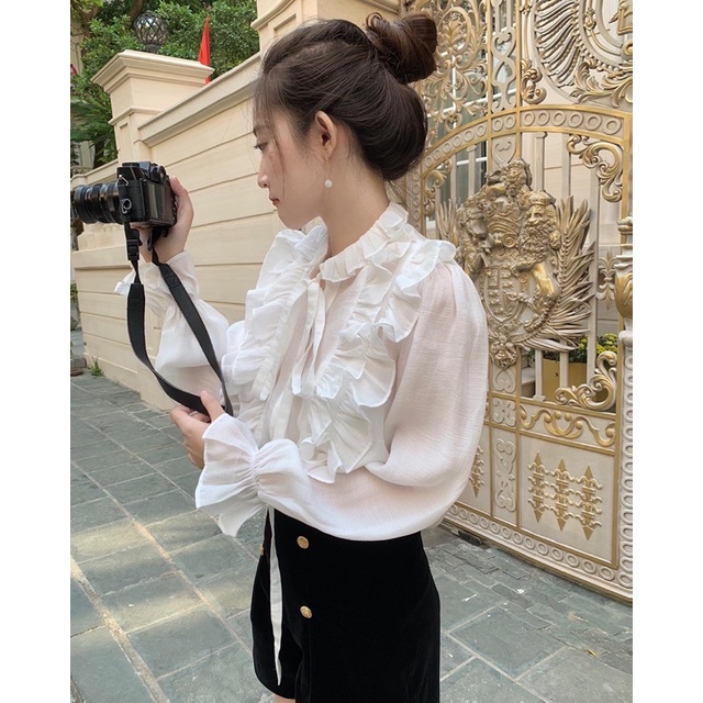 Emy Shirt - Áo sơ mi trắng tơ viền bèo nơ cổ dài tay - SEDUISANT.REV