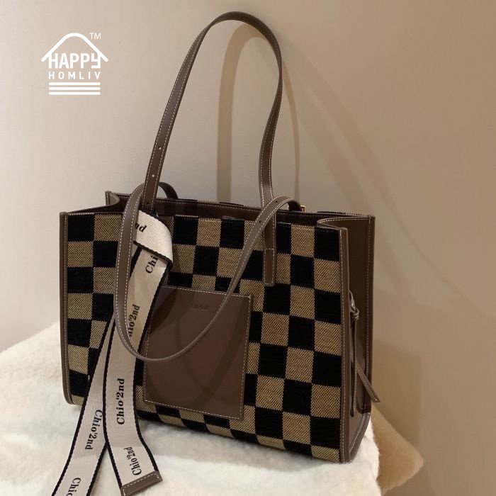 HAPPY HOMLIV Túi Tote Đeo Vai Cỡ A4 Họa Tiết Sọc Caro Phong Cách Retro Thời Trang Cho Nữ