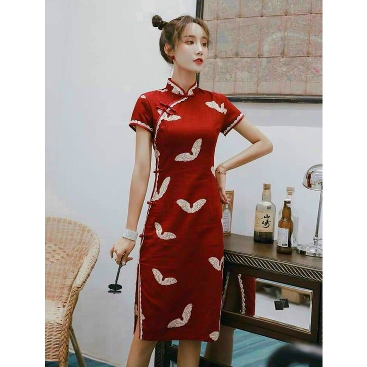 Sườn xám họa tiết tay ngắn cổ tàu nút mây xẻ tà phong cách trung hoa dễ thương