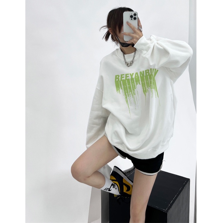 FOCUS Áo Nỉ nữ retro ulzzang BEEYANBUY trắng áo dài tay oversize unisex 100%cotton