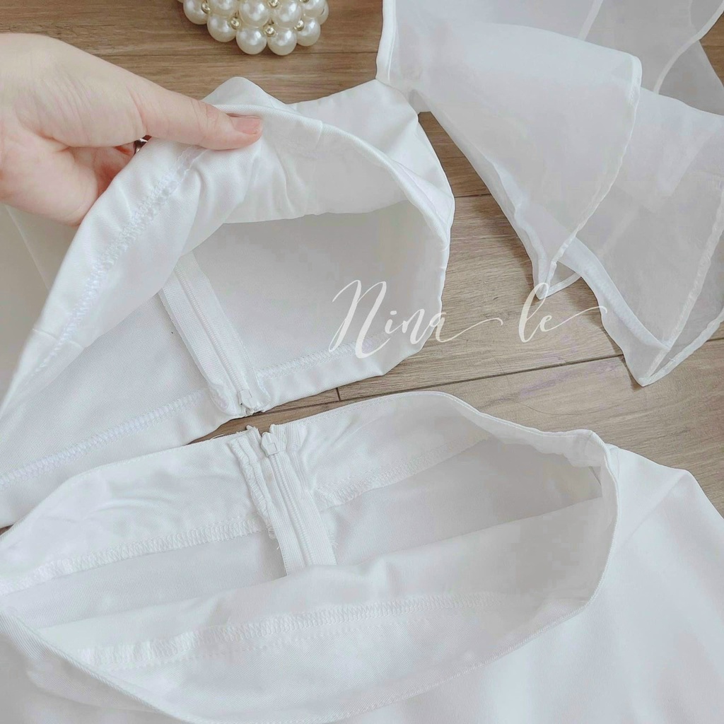 (FreeShip 2022) Sét váy nữ đi chơi,sét trắng trễ vai tay loe mix chân váy xẻ tà sang chảnh,chất umi cao cấp có mút