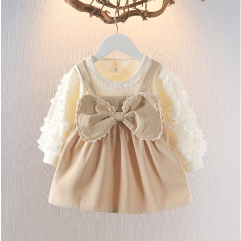 Paulababy Thời Trang Đầm Công Chúa Tay Dài Giả Hai Mảnh Đính Nơ Dễ Thương Cho Bé Gái