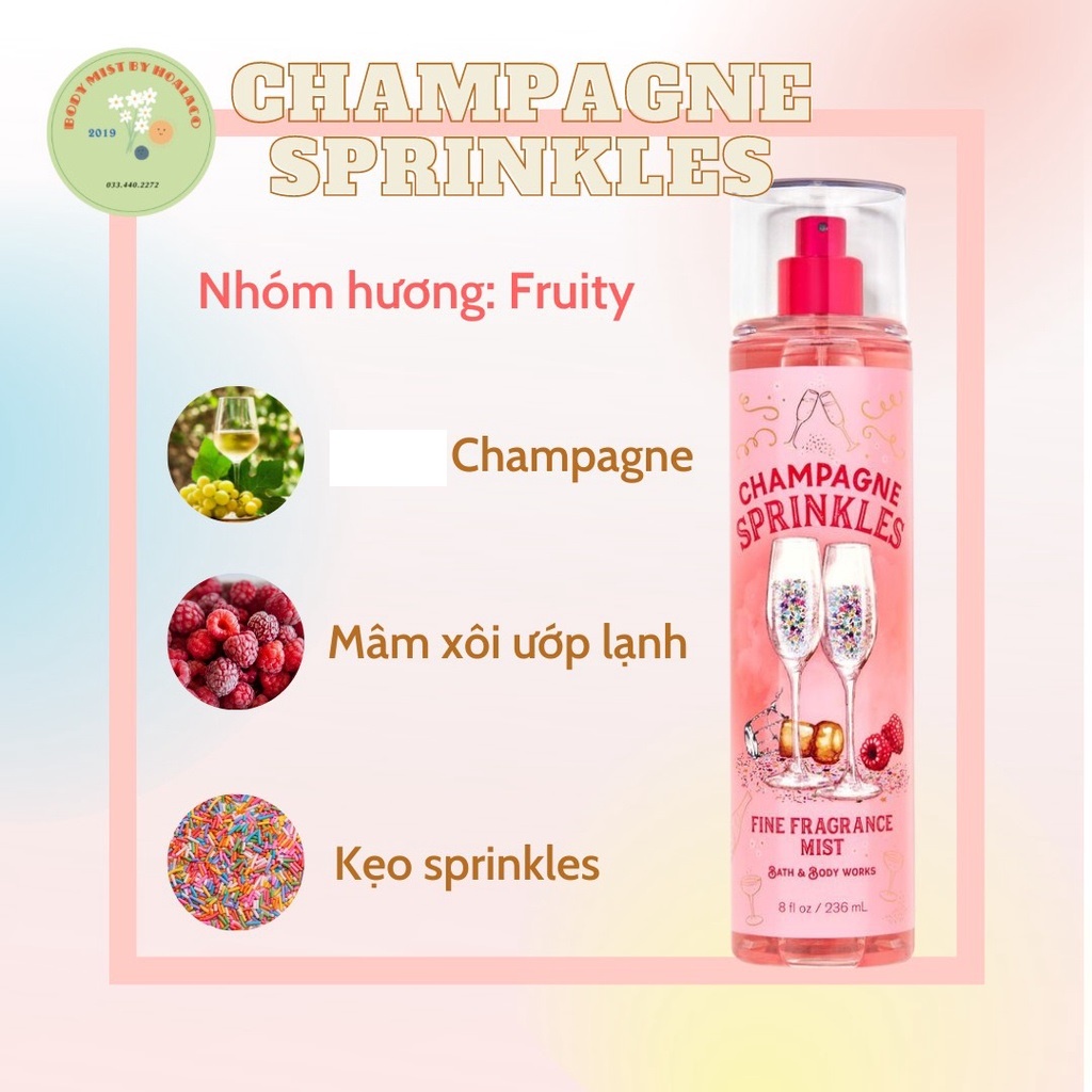 Body mist, Xịt Thơm Champagne Sprinles 236ml Hương Thơm Sâm Panh, Cá Tính, Sang Trọng