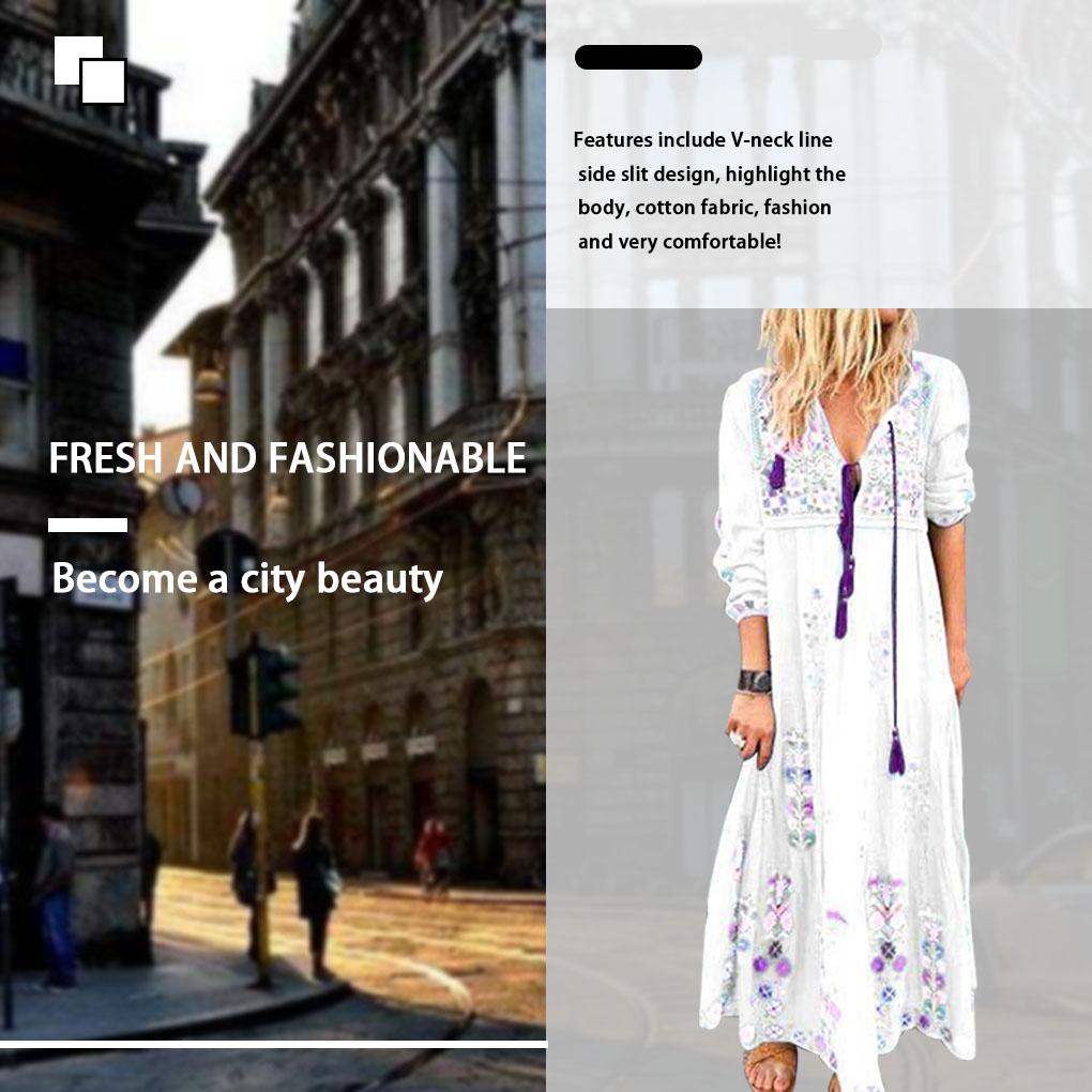 Đầm Maxi Tay Dài Cổ Chữ V Dây Rút In Họa Tiết Phong Cách Bohemian