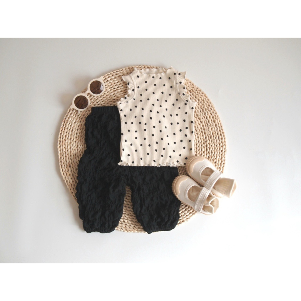 Áo Không Tay Chấm Bi + Băng Đô Nơ Thời Trang Mùa Hè Hàn Quốc Cho Bé Gái