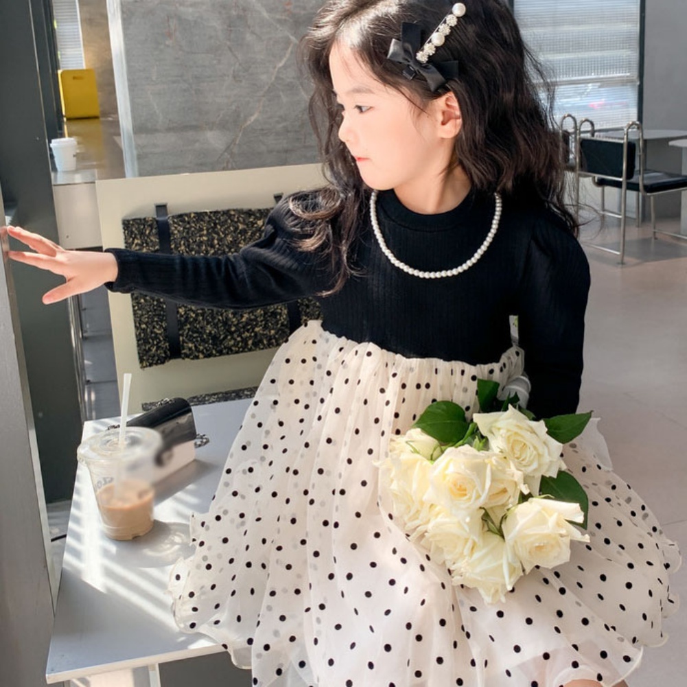 Bộ Đầm Tay Dài Phối Lưới Chấm Bi + Áo Khoác Thắt Nơ Phong Cách Hàn Quốc Thời Trang Mùa Thu Cho Bé Gái