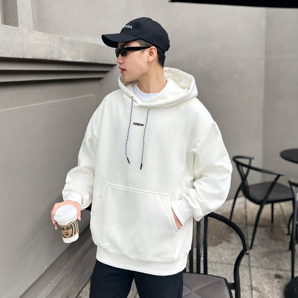 Áo Hoodie trắng form rộng 100% Cotton REW