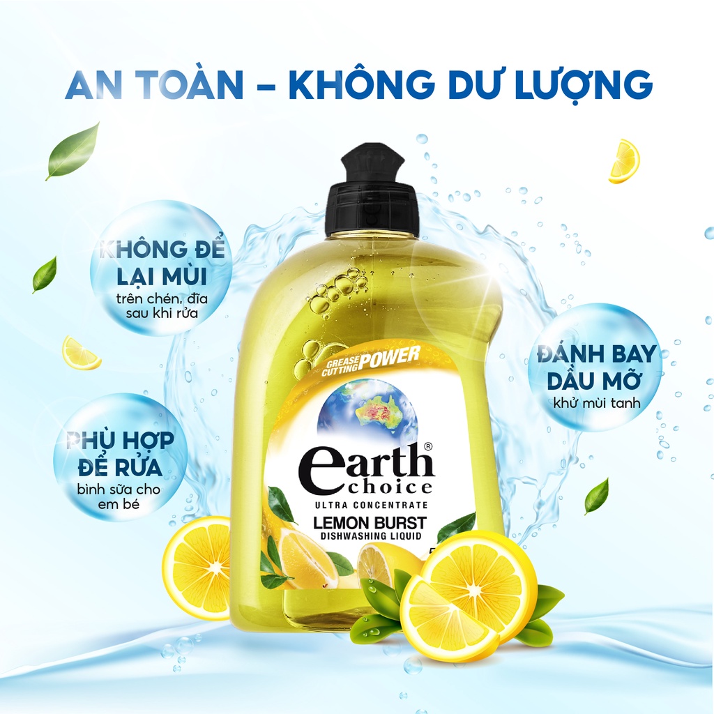 Nước Rửa Chén Đậm Đặc EARTH CHOICE Gốc Thực Vật An Toàn Với Cả Đồ Dùng Ăn Uống Của Bé Hương Chanh Dung Tích 500ml