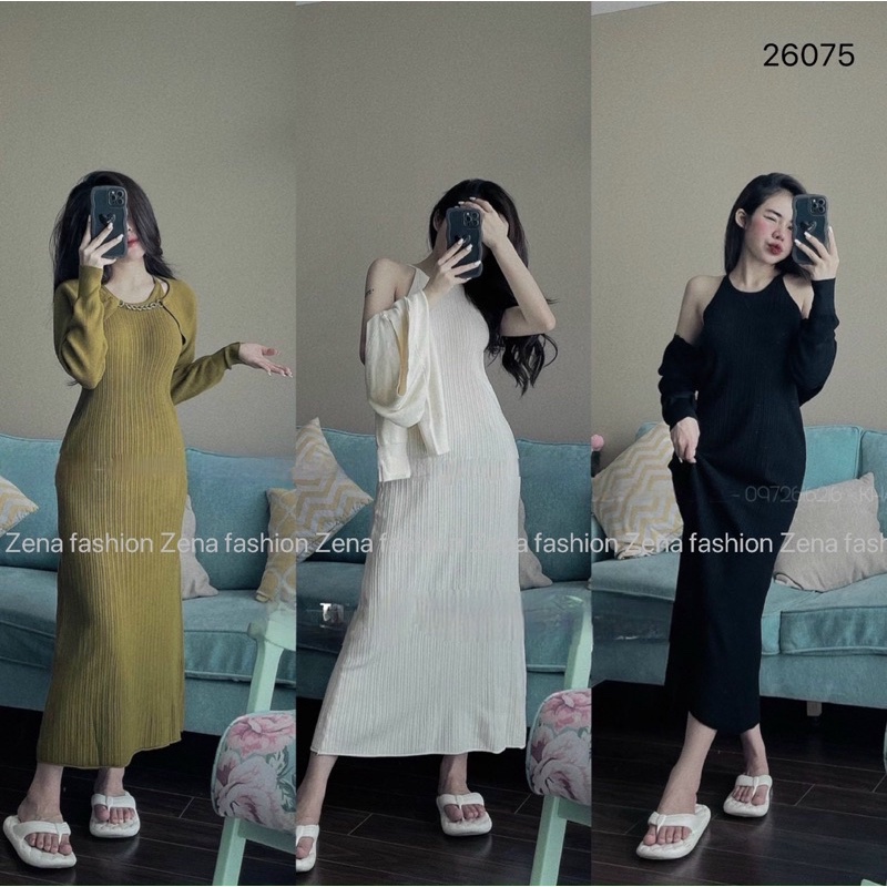 SE26075 - Set len tăm váy suông cổ yếm + Áo choàng xích