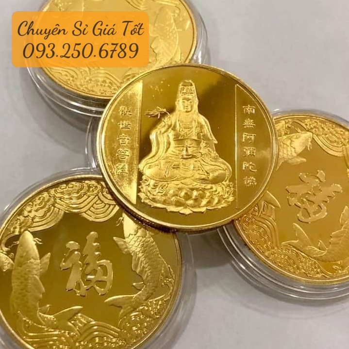 [BỎ SỈ] Đồng Xu Quan Âm Bồ Tát - Mặt Sau Đồng Xu Hình Cá Chép tặng kèm túi gấm