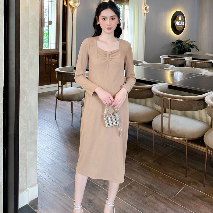 MEDYLA - Váy len bầu thu đông co dãn len tăm nâu lót lụa cho bầu đi chơi, du lịch - VS1137