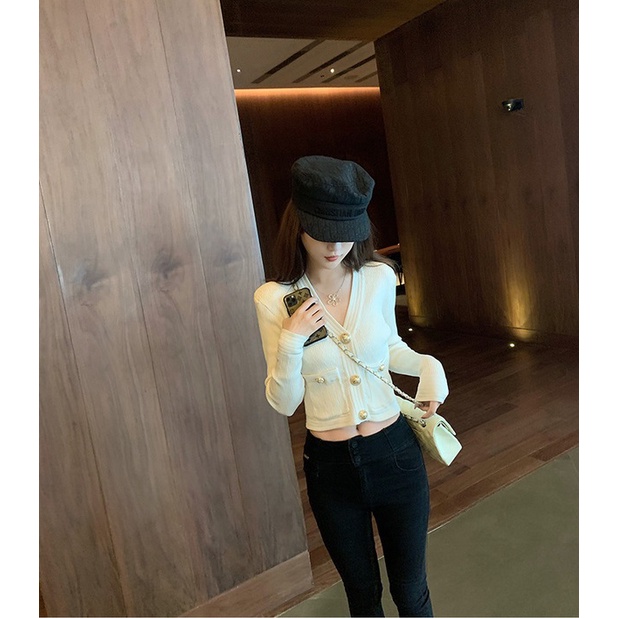 Áo khoác cardigan dệt kim ZHELIHANGFEI tay dài cổ V eo cao thời trang