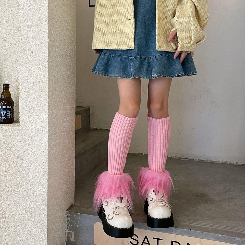 Anemone Đôi Vớ Dệt Kim Phối Lông Phong Cách Gothic Harajuku Hàn Quốc Cá Tính Y2K