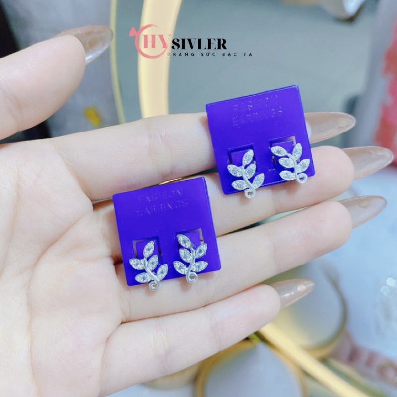 Bông tai bạc ta hình lá nguyệt quế đính đá nữ tính bông tai nữ bạc thật giá rẻ CHY SILVER
