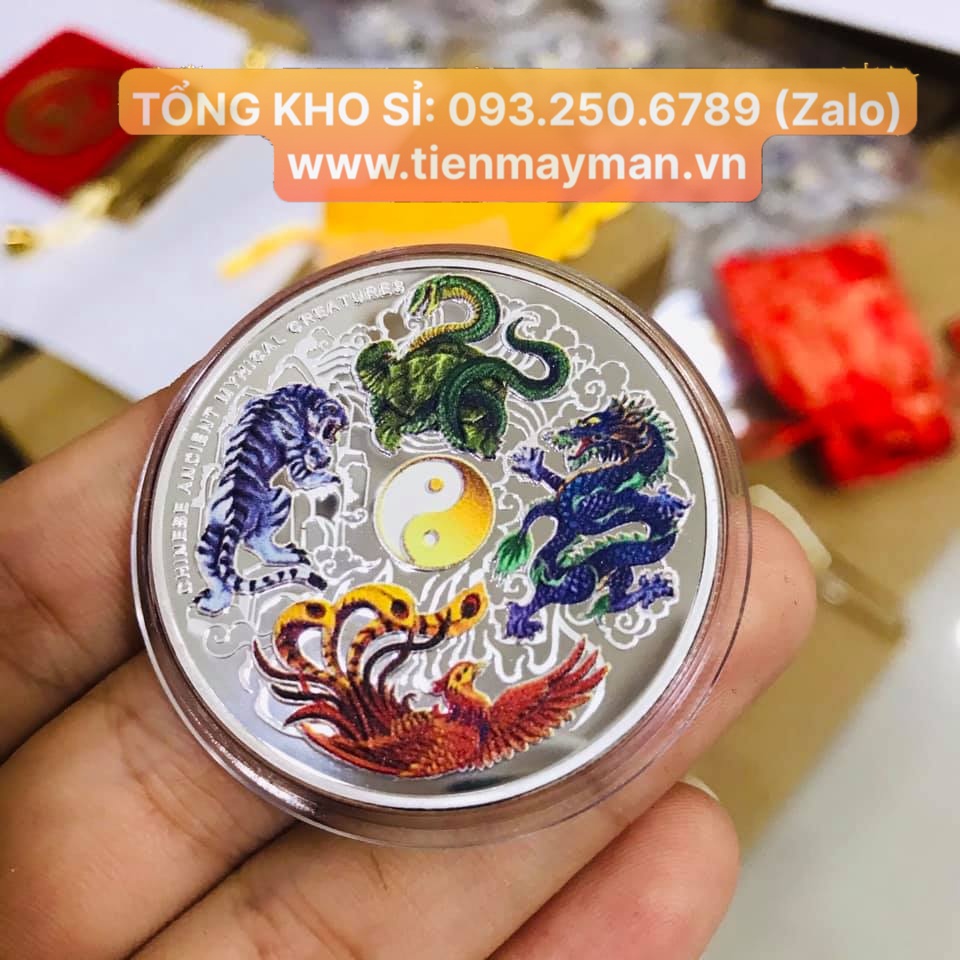 Đồng Xu Tứ Linh Long Lân Quy Phụng sinh tài lộc may mắng, kèm Túi Gấm Đỏ