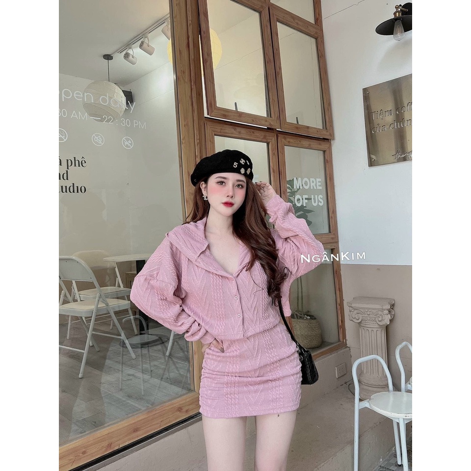 [11.11 Sale Freeship] Set bộ đồ nữ,set áo dài tay có mũ mix chân váy chữ A ôm,set hai món chất len ren cá tính tiểu thư