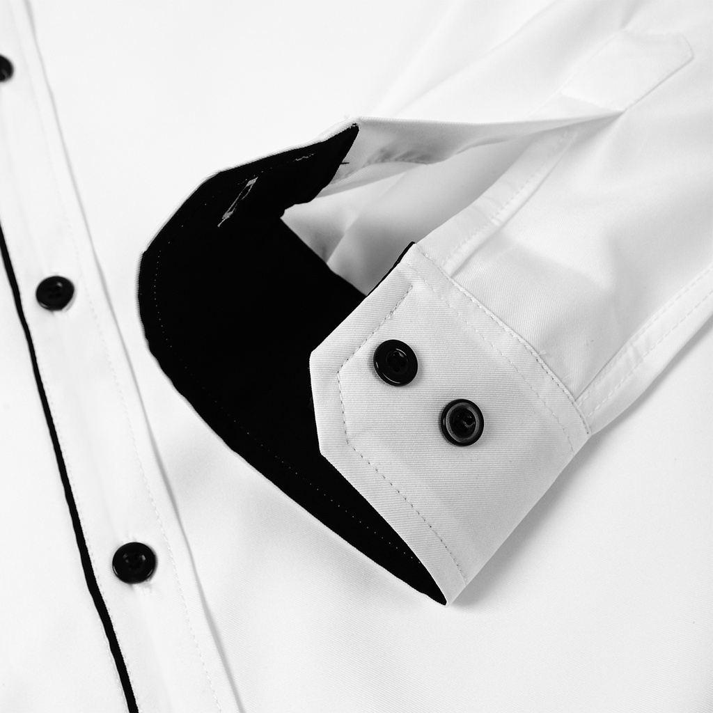 Áo sơ mi nam dài tay trắng phối chi tiết đen, chất lụa thoáng mát, form regular Longmix AMANLAB