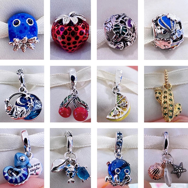 PANDORA Hạt Xâu Làm Trang Sức Bằng Bạc Sterling 925 DIY Hình Tắc Kè Hoa / Xương Rồng / Rùa / Dâu Tây /