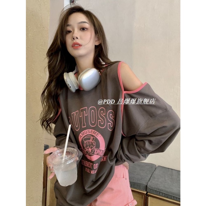 Áo Hoodie Lửng Dáng Rộng Hở Vai Màu Tương Phản Thời Trang Mùa Thu 2022 Mới Cho Nữ
