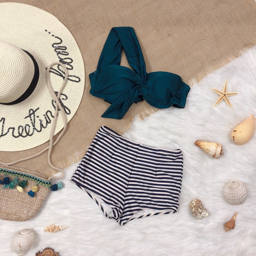 Bikini đi biển đồ bơi nữ 2 mảnh gọng nâng ngực lệch 1 bên vai mix quần họa tiết sọc ngang đen trắng cá tính
