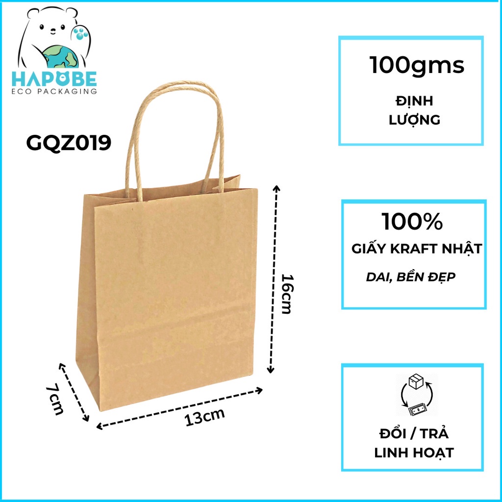 100 Túi giấy kraft có quai 13x7x16 cm Hapobe GQZ019