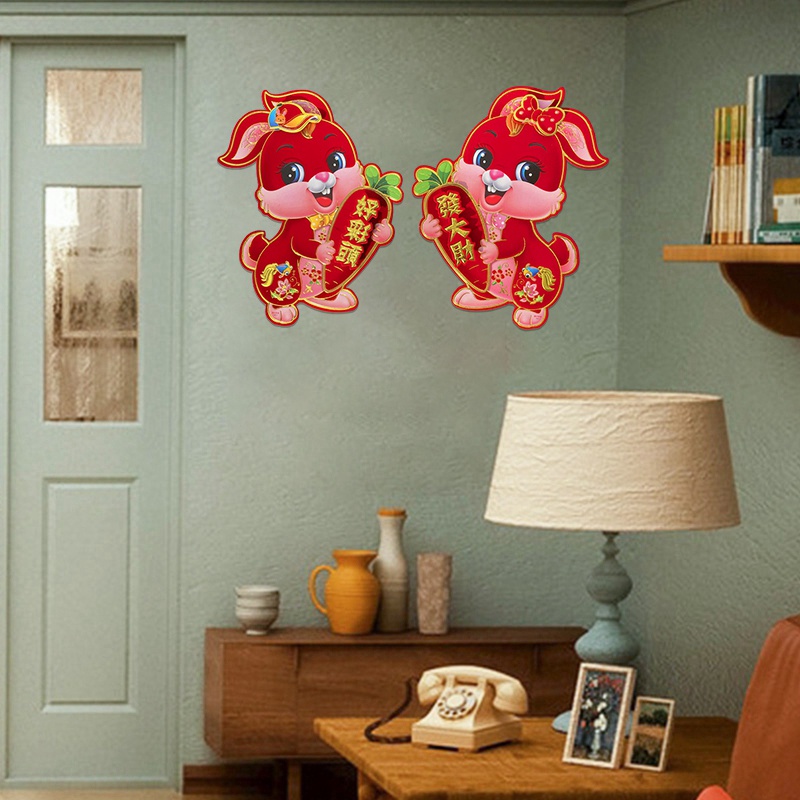 Miếng Dán Tường Hình Cặp Đôi Thỏ May Mắn Trang Trí Năm Mới