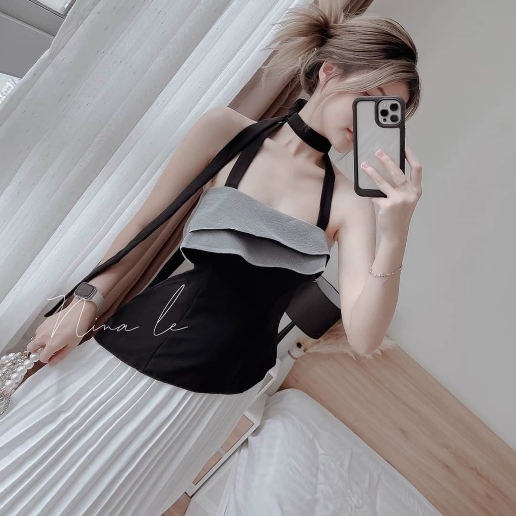 Set chân váy voan dập ly  kèm áo cột dây  sang chảnh