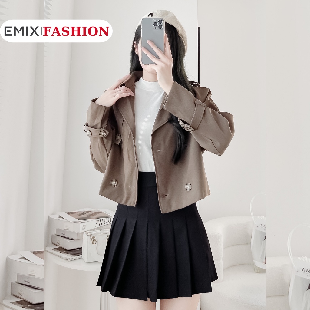 Áo khoác măng tô dáng ngắn EMIX, áo mangto kaki dài tay, freesize dưới 58kg 754