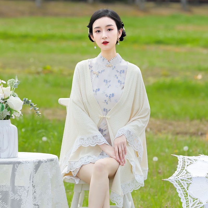 [M &amp; E] Hàng Có Sẵn Áo Khoác Sườn Xám Có Khăn Choàng Nhẹ Nhàng Thanh Lịch Cashmere Giả Điều Hòa Nhiệt Độ @ -