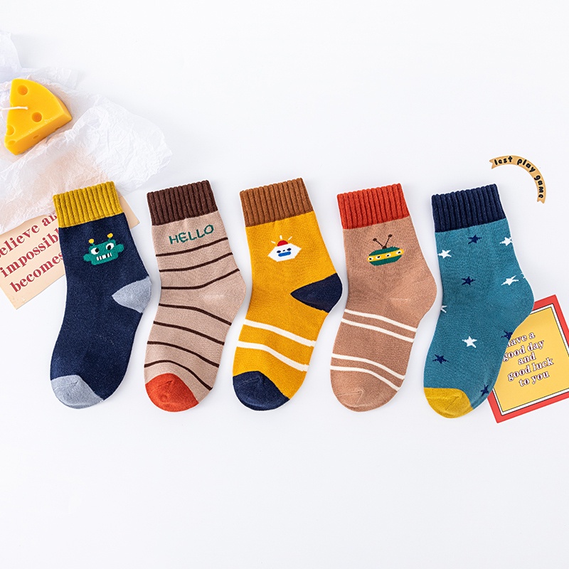 [THOMAS KIDS] Set 5 Đôi Vớ Cotton Thoải Mái Chất Lượng Cao In Họa Tiết Động Vật Hoạt Hình Cho Bé Từ 1-12 Tuổi