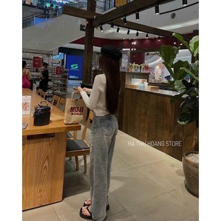 Quần jeans ống suông rách nhẹ cạp cao dáng basic dễ mặc